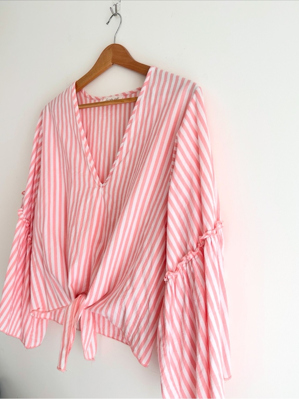 Anthropologie Pink and White Striped Tie-Front Bell Sleeve Top